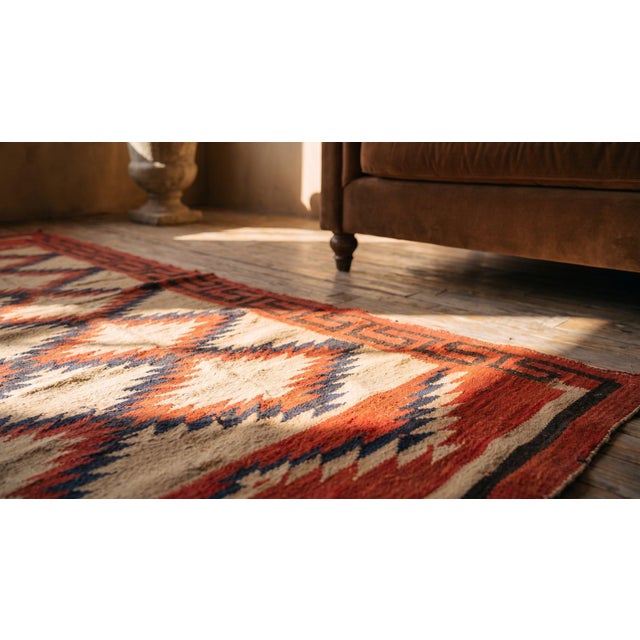 Red 1930s Ivory Red Geoemtric Tribal American Navajo Rug 4'5" X 6'2" Flatweave Wool Carpet For Sale - Image 8 of 9