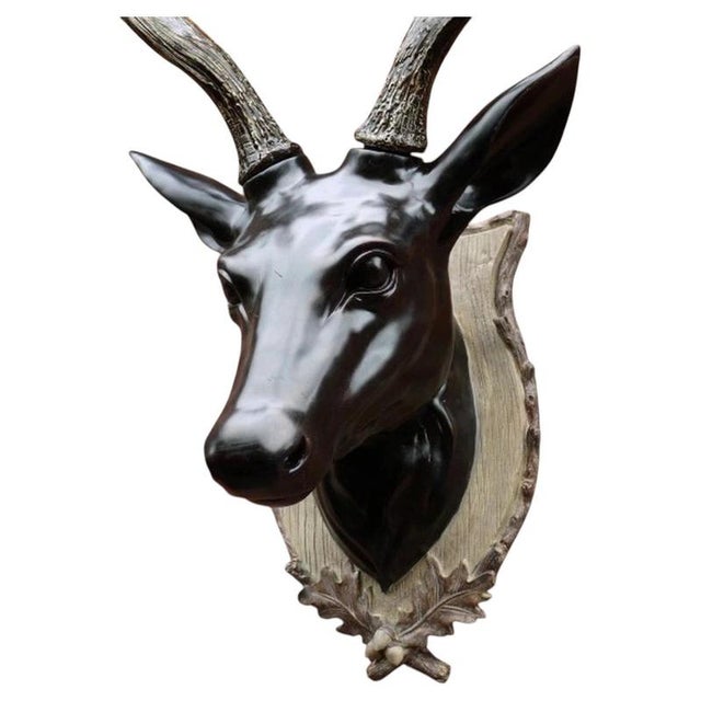 Large Wall-Mounted Stag Head Sculpture with Antler's in Bronze For Sale - Image 3 of 7