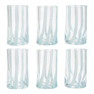 Cloud Blue Striped Italian Murano Glass Tumbler Glasses With Scalloped Rim Set of 6 For Sale
