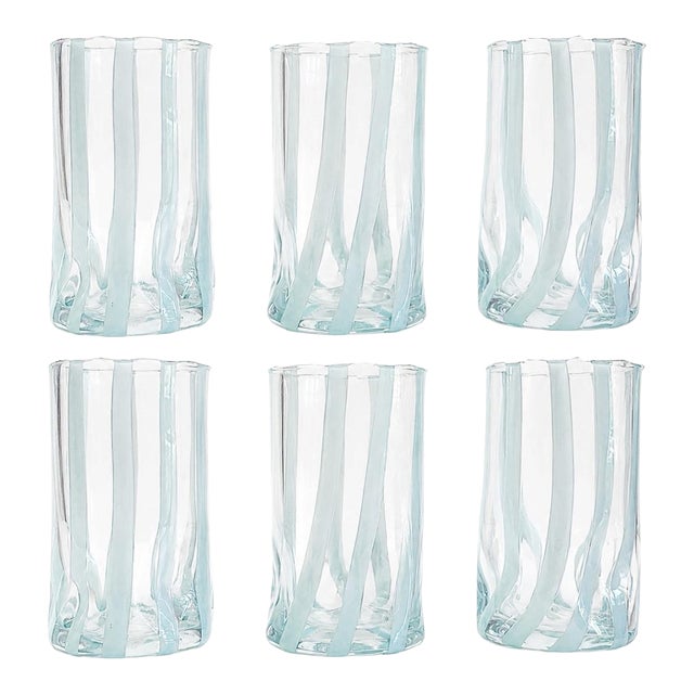 Cloud Blue Striped Italian Murano Glass Tumbler Glasses With Scalloped Rim Set of 6 For Sale