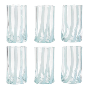 Cloud Blue Striped Italian Murano Glass Tumbler Glasses With Scalloped Rim Set of 6