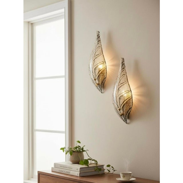 White Murano Glass Frosted Leaf Sconces, 1960s, Set of 2 For Sale - Image 8 of 9