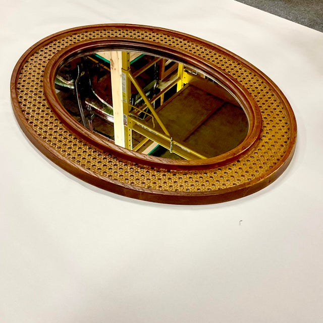 Chestnut Mid-Century Boho Chic Coastal Syroco Style Faux Cane Oval Wall Mirror. For Sale - Image 8 of 10