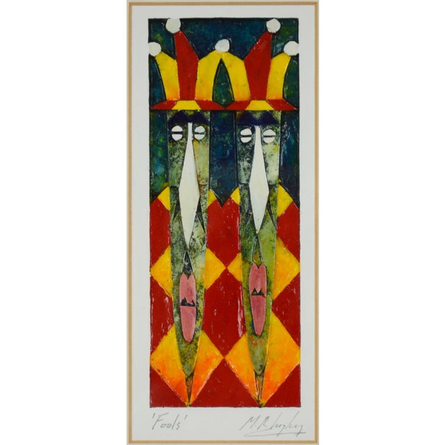Whimsical textured relief painting of two stylized twin jesters in primary colors, their long mask-like faces created with...