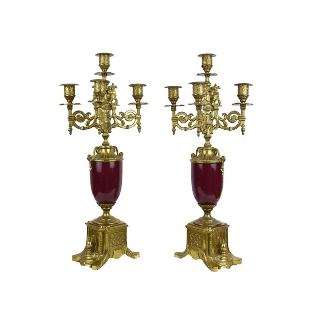 Mid 20th Century Imperial Gilt Brass Frame With Porcelain Plaques Mantle Clock & Five-Light Candelabra Set - 3 Pieces Italy For Sale - Image 11 of 17
