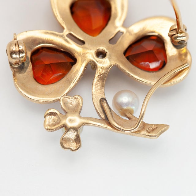 Gold 1930s 14k Yellow Gold Diamond Citrine Pearl Clover Brooch For Sale - Image 8 of 9