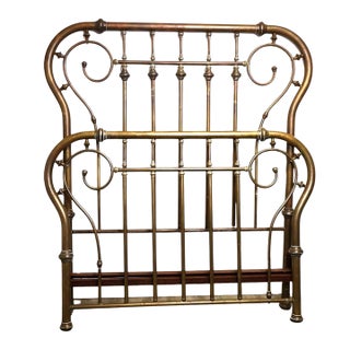 Antique Art Nouveau Brass Full Bed With Scrollwork & Engraved Details, C. 1900 For Sale
