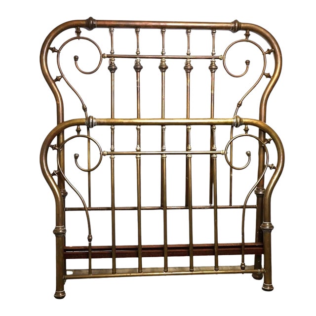Antique Art Nouveau Brass Full Bed With Scrollwork & Engraved Details, C. 1900 For Sale