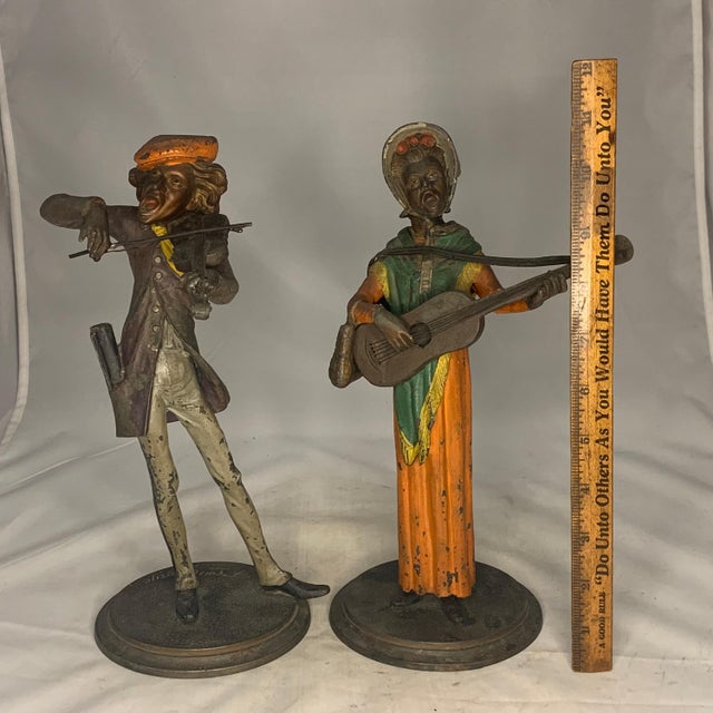 Antique Spelter Musician Candlesticks: Cold Painted Caricature Pair For Sale - Image 10 of 10