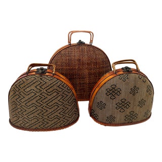 Vintage Woven Rattan Trio of Mini Suitcase/Box Decor For Sale