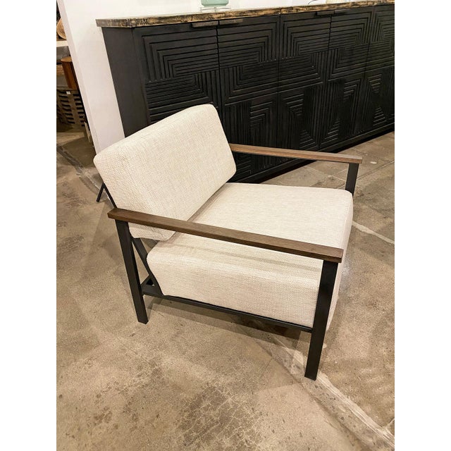 Iron Frame Oak & Linen Arm Chair For Sale - Image 9 of 9