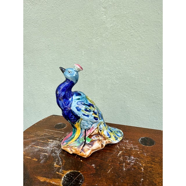 Chinoiserie Vintage Hand-Painted Chinese Porcelain Peacock Sculpture Figurine — Asian Chinoiserie For Sale - Image 3 of 4