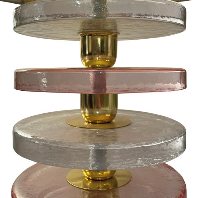 1980s Vintage Pink and Clear Murano Glass Disc Table Lamps, 1980s, Set of 2 For Sale - Image 5 of 7