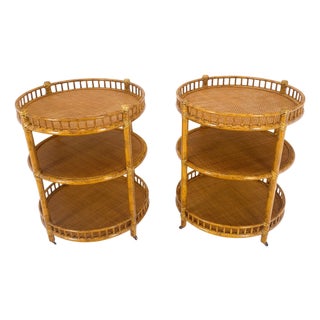 Pair of Maguire Round Reed & Cane Three Tier Gallery Top Serving Tables Stands For Sale