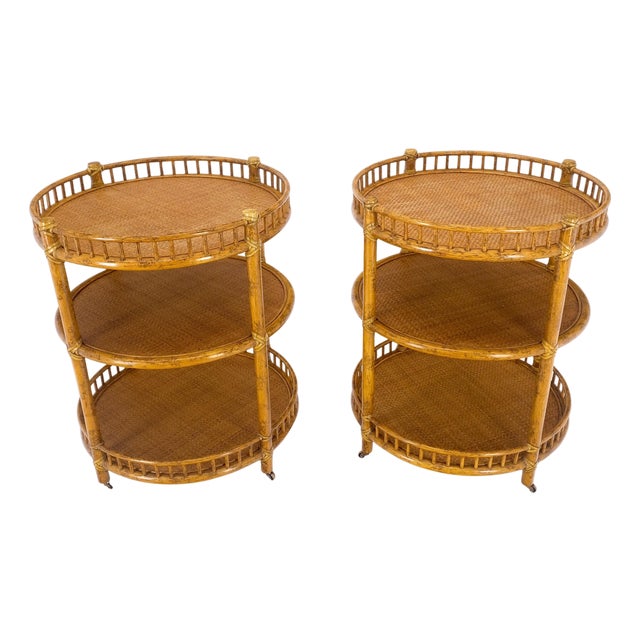 Pair of Maguire Round Reed & Cane Three Tier Gallery Top Serving Tables Stands For Sale