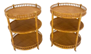 Pair of Maguire Round Reed & Cane Three Tier Gallery Top Serving Tables Stands