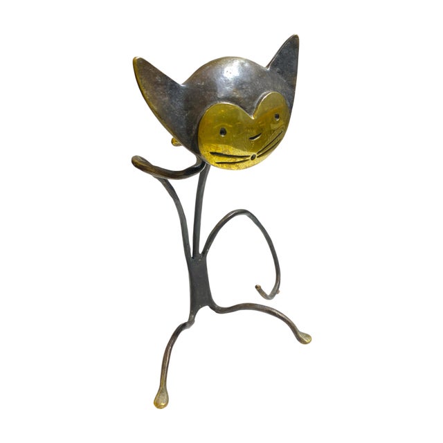 Brass Mid 20th Century Large Walter Bosse Brass Cat Wine Bottle Holder For Sale - Image 8 of 11