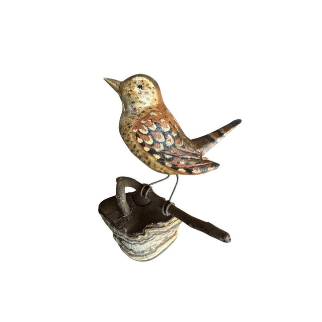 A folk-art bird from Austria — a hand-carved wooden wren — 4.75" x 4.25" x 2", vintage from the 1930s. Charming Alpine...