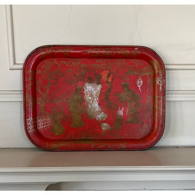 Antique Early 20th Century French Red Tole Tray With Chinoiserie Decoration For Sale In New York - Image 6 of 9