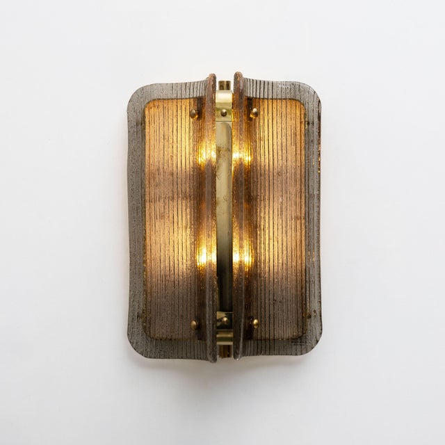 Curved Grey Ribbed Murano Glass and Brass Wall Sconces, 2000, Set of 2 For Sale - Image 4 of 9