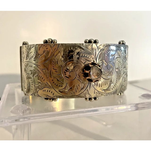 Mid 20th Century Engraved Antique Silver Cuff With Georgian Diamond For Sale - Image 4 of 6