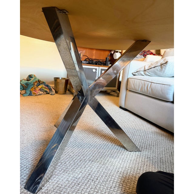Attributed to Pangea Home Round Remi Wood & Polished Stainless Steel Metal Dining Table For Sale - Image 4 of 6