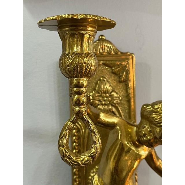 Vintage Pair of Italian Solid Brass Cherub Wall Sconce For Sale In Philadelphia - Image 6 of 9