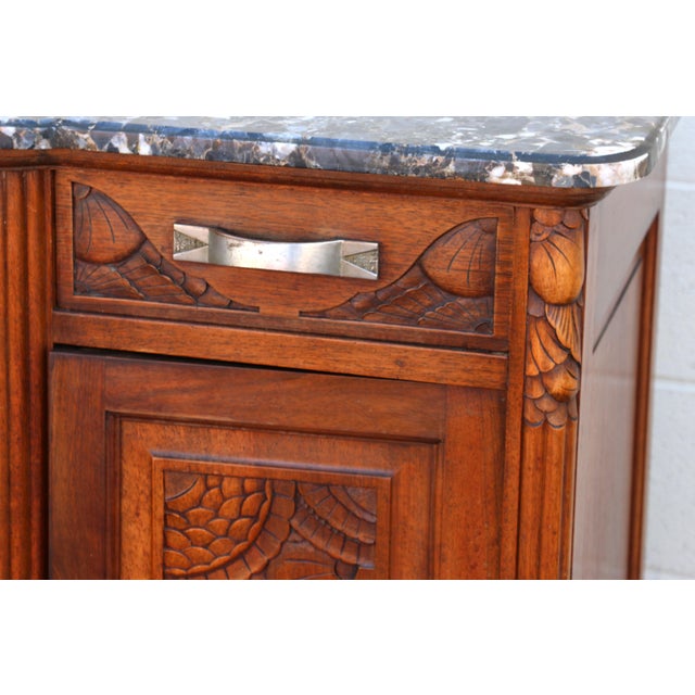 Brown Antique French Art Deco Marble Top Sideboard Buffet Cabinet | Carved Solid Wood Bar Cabinet | Circa 1920s For Sale - Image 8 of 18