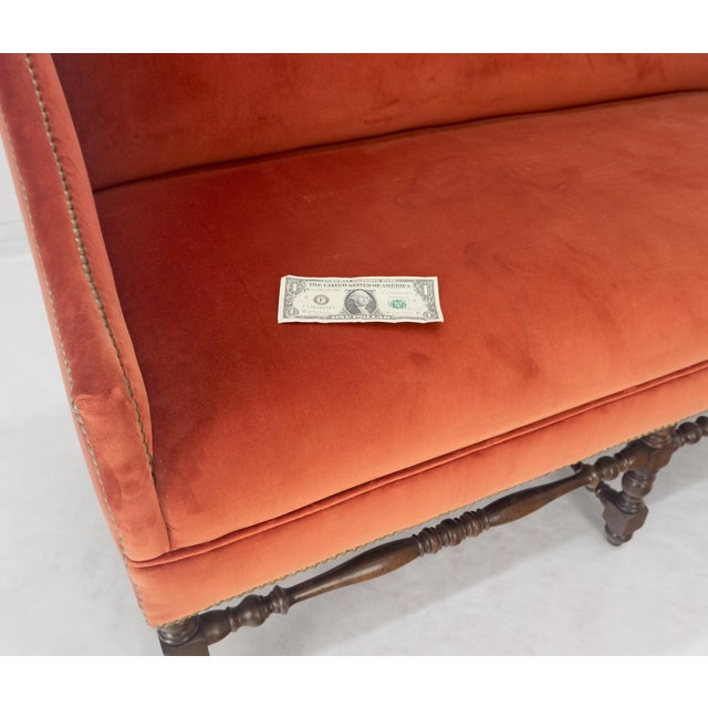 Wood William & Mary Style Brick Red Camel Back Upholstery Walnut Base Sofa Loveseat For Sale - Image 7 of 15
