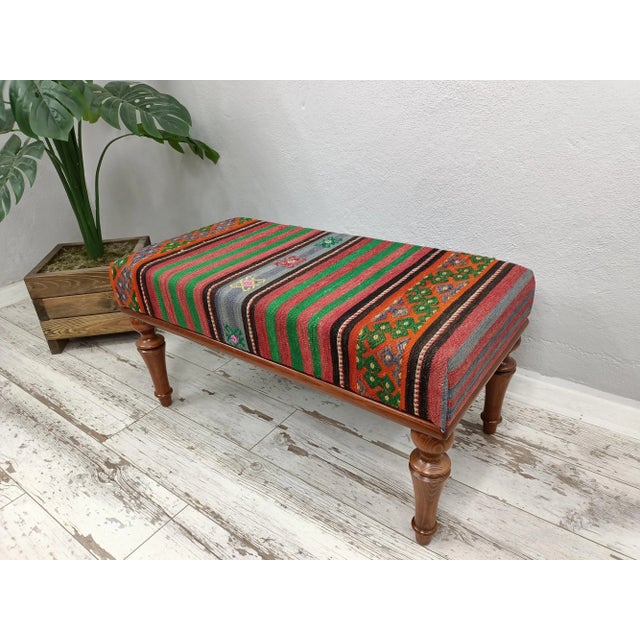 Wood Bohemian Kilim Upholstered Padded Piano Bench For Sale - Image 7 of 9