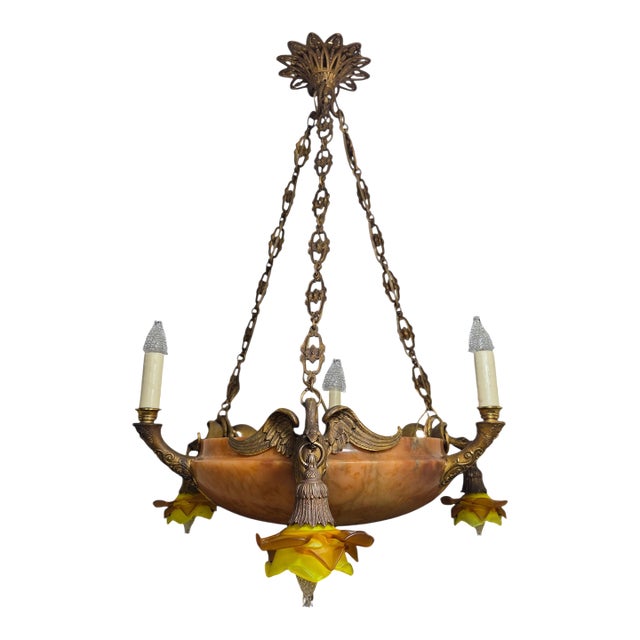 Antique Neoclassical Amber /Honey Alabaster, Gilt Bronze Chandelier W-Griffin Mounts For Sale
