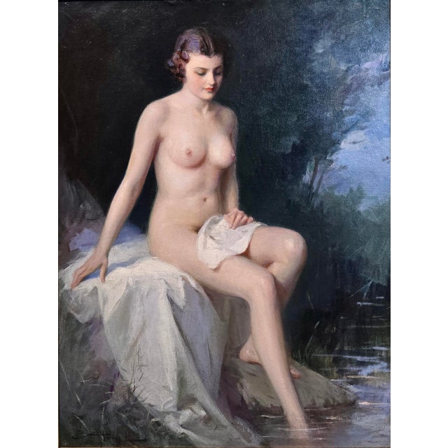 Alfred Georges Hoën 1920s French Academic Oil Painting of a Nude Bather For Sale - Image 4 of 13
