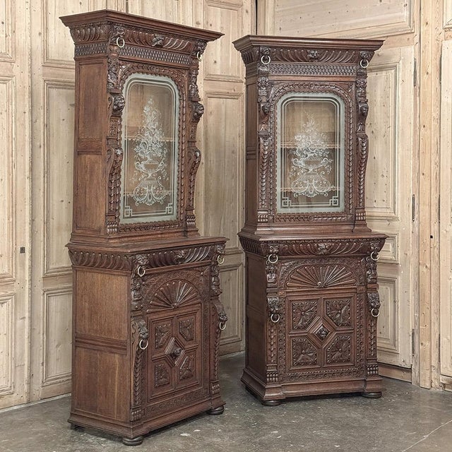 Renaissance Pair 19th Century Flemish Bookcases With Etched Glass For Sale - Image 3 of 18