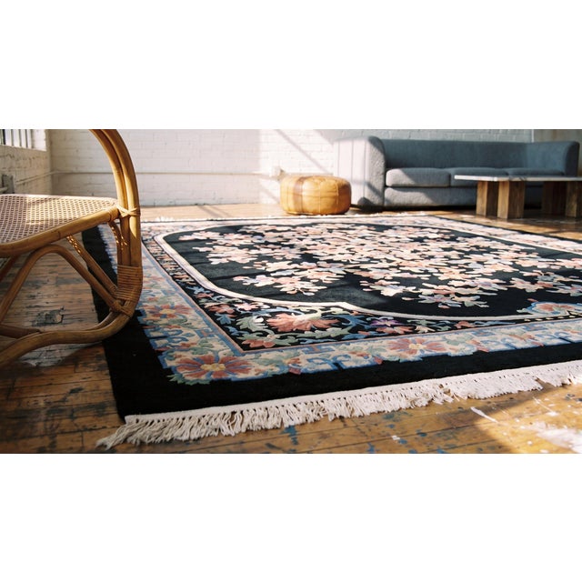 Textile 1920s Black Floral Medallion Antique Chinese Art Deco Rug 9' X 12' Handknotted Wool Carpet For Sale - Image 7 of 9