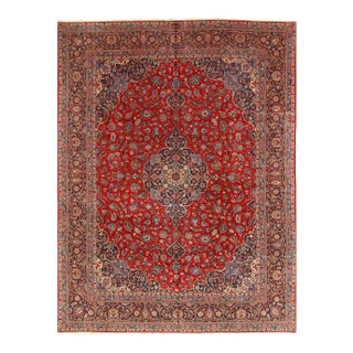 Red Semi Vintage Persian Hand Knotted Fine Kashan 10'8'' X 14'1'' For Sale