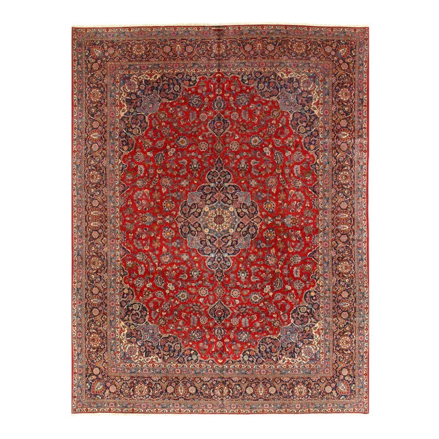 Red Semi Vintage Persian Hand Knotted Fine Kashan 10'8'' X 14'1'' For Sale