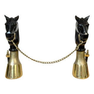 19th Century English Brass & Iron Horse Motif Andirons with Removable Chain For Sale