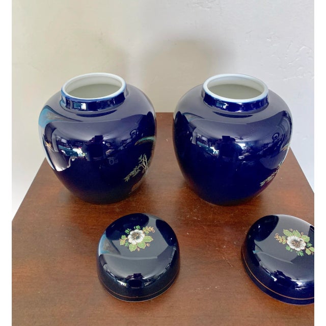 Cobalt and Gold Asian Chinoiserie Small Porcelain Ginger Jars - a Pair For Sale In San Diego - Image 6 of 8
