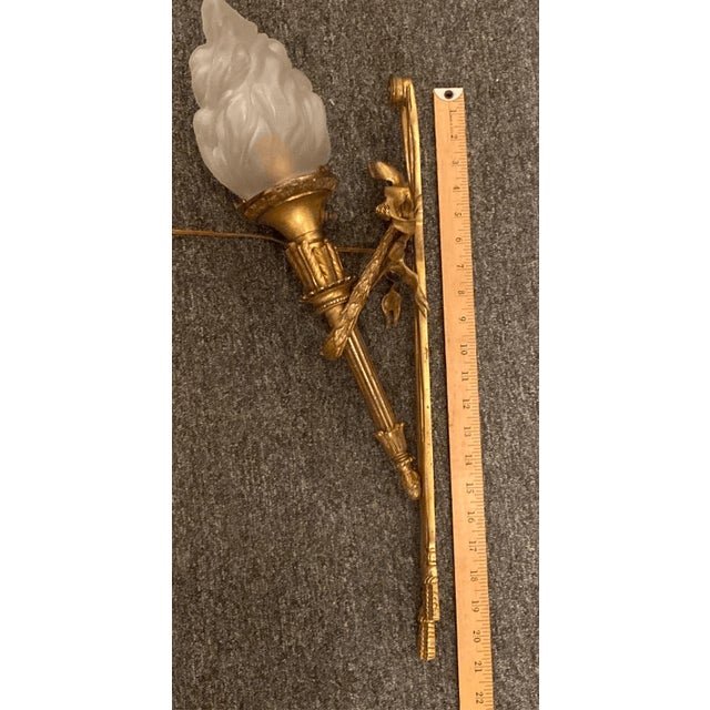 Modern Mid 20th Century Maison Arlus Bronze Sconce Hand Holding Torch & Flame Glass Shade For Sale - Image 3 of 14