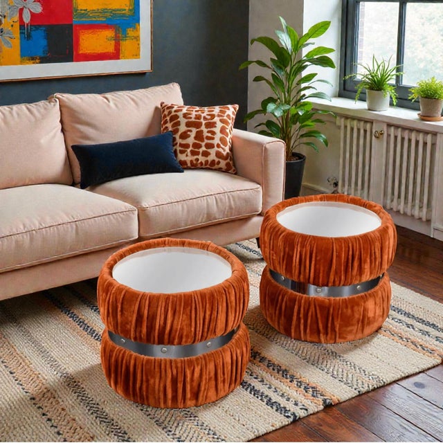 Glass Pair of 1970s Burnt Orange Draped Round Side Tables With Mirror Glass Tops For Sale - Image 7 of 9