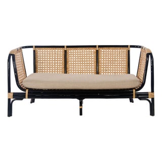 Matthew Izzo Home Quay Black Bamboo and Rattan Seat Lounge Sofa With Cushion For Sale