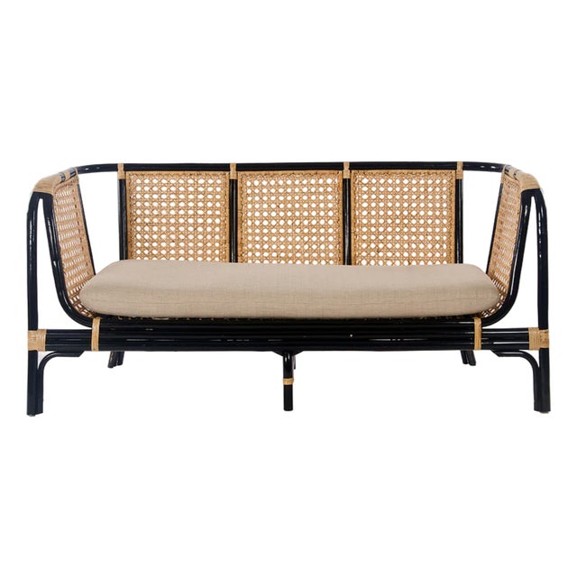 Matthew Izzo Home Quay Black Bamboo and Rattan Seat Lounge Sofa With Cushion For Sale