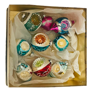 European Vintage Mercury Glass Indented Christmas Ornaments Set in Box