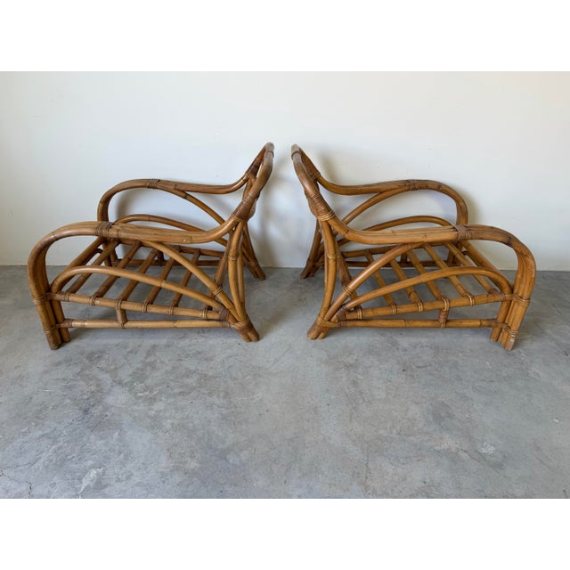 Wood Mid-Century Paul Frankl Style Bamboo & Rattan Lounge Chairs – A Pair For Sale - Image 7 of 12
