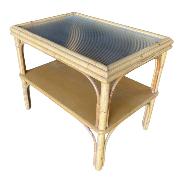 1950s Stick Rattan Two-Tier Coffee Table With Ribbed Glass Top For Sale