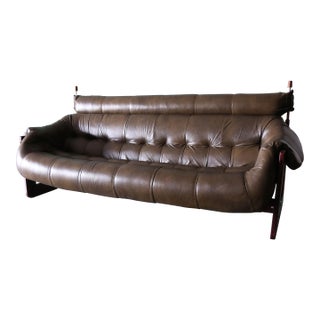 1970s Percival Lafer Green Sofa Mp 97 Leather Sofa Extended Head Rest For Sale