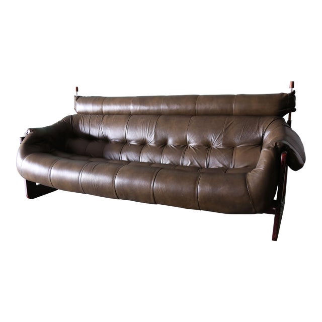 1970s Percival Lafer Green Sofa Mp 97 Leather Sofa Extended Head Rest For Sale
