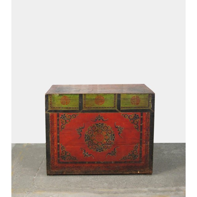Asian Antique Late 19th Century Hand Painted Five Bats Antique Gansu Tibetan Cabinet For Sale - Image 3 of 12