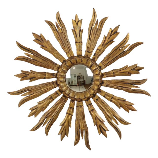 Wooden Sunburst Mirror, 1950s For Sale