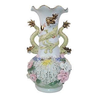 Vintage Large Porcelain Dragon Handle Reticulated Floral Vase Gold Gilt For Sale